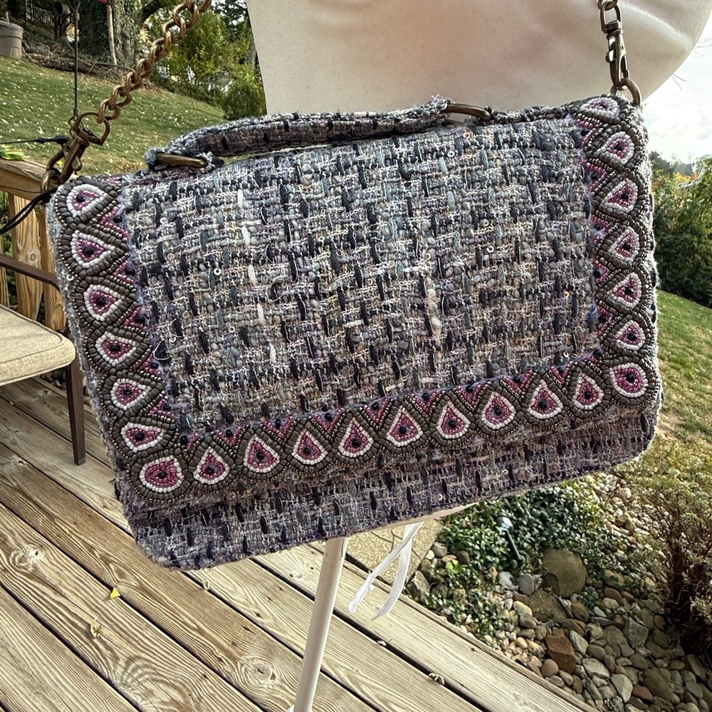 America & Beyond Beaded Graphic Clutch Shoulder Crossbody Bag NWT  gold chain